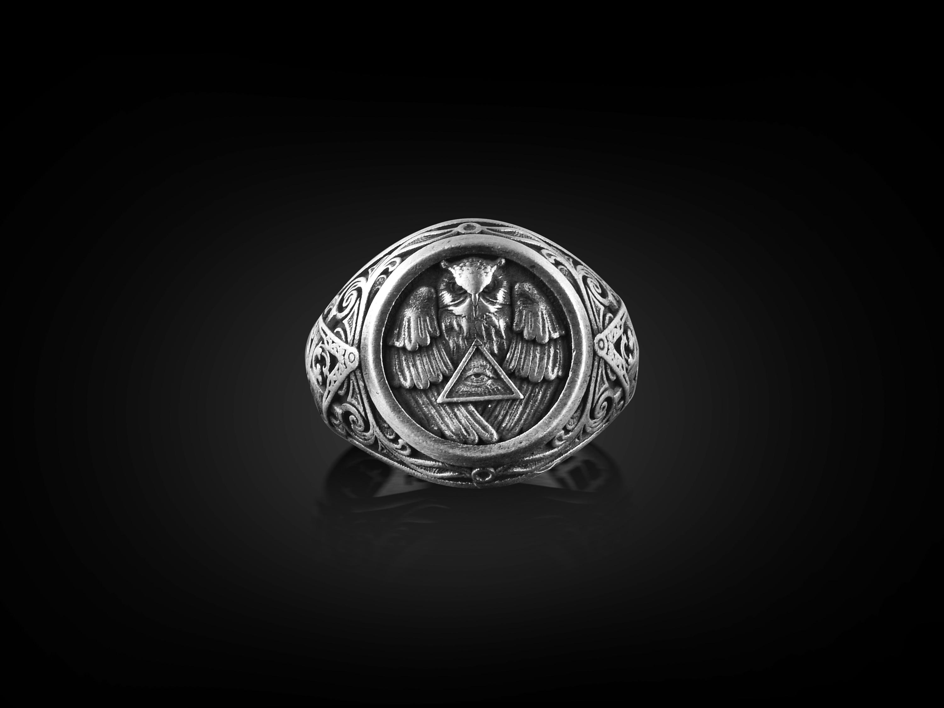 Eye Of Providence Owl Mens Silver Ring, Freemason Engraved Signet Ring For Men, Oxidized Masonic Rin