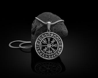Silver Freya Runic Circle Norse Altar Necklace, Viking Vegvisir Pendant, Veldismagn Runic Circle Norse Necklace, Helm of Awe Runic Compass