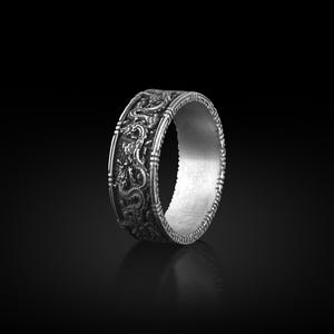 Chinese Dragon Ornament Wedding  Band Ring For Men, Handmade Sterling Silver Ring, Traditional Dragon Mythology Ring, Engraved Dragon Ring