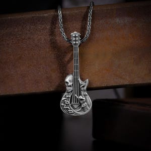 Guitar necklace guitarist in silver for men, Rock N Roll guitar men pendant, Bass guitar necklace skull bass guitar, Gift electric guitar