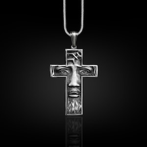 Engraved Jesus in Cross Necklace, Unique Mens Faith Necklace in Sterling Silver, Christian Cross Pendant Necklace For Dad, Religious Jewelry