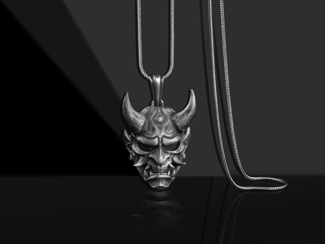 Hannya Mask Oxidized Necklace in Silver Japanese Art Oni Mask Etsy