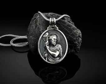 Saint John the Baptist Necklace, Saint John Men's Pendant, Religious Man Necklace, Silver Religious Men Jewelry, Christian Silver Medallion