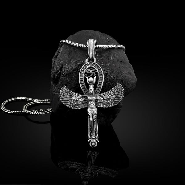 Goddess Isis with Eye of Horus Handmade Sterling Silver Men Necklace, Ancient Egypt Silver Men Jewelry, Mythology Necklace, Memorial Gift