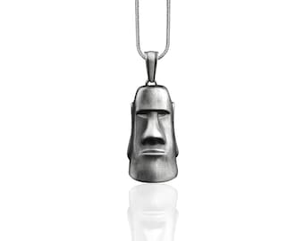 Moai Head Silver Antique Necklace, Sterling Silver Pagan Necklace