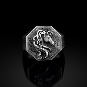 Handmade Silver Unicorn Mens Ring, 925 Silver Signet Unicorn Man Ring, Handmade Greek Mythology Ring, Rainbow Unicorn Oxidized Men Gift Ring