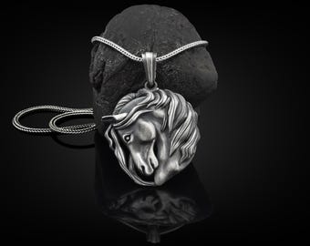 Maned Horse Handmade Sterling Silver Men Charm Necklace, Horse Silver Men Jewelry, Maned Horse Pendant, Animal Necklace, Memorial Mens Gift