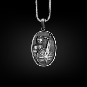 Gladiator Pendant Necklace for Men in Sterling Silver, Knight Shield and Sword Necklace, Medieval Jewelry, Mens Silver Pendant, Gift for Him