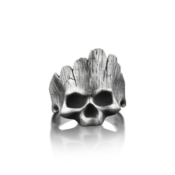 Half skull biker men ring in sterling silver, Cool biker pinky ring for men, Streetwear gothic gift rings, Male witchy ring for best friend