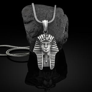 Pharaoh Ancient Egpyt Handmade Silver Necklace, Pharaoh Silver Men&#39;s Jewelry, Tutankhamun Sterling Silver Pendant, Egyptian Mythology Gift