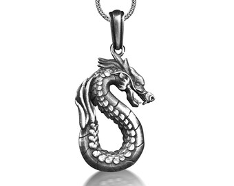 Chinese Dragon 3D Pendant Necklace, Fantasy Necklace For Chinese New Year, Oxidized Chinese Mythology Necklace in Silver, Cool Necklace