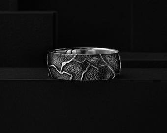 Kintsugi Japanese Art Oriental Style Solid Silver Men Band Rings, Unique Handmade Japanese Wedding Jewelry Rings