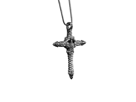 Goth Cross Mens Pendant Necklace in Silver, Unusual