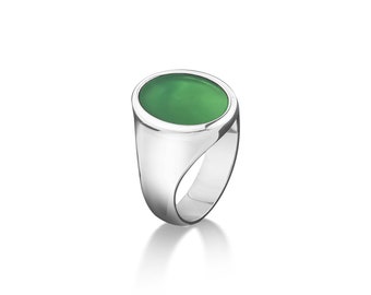Bague à dessus plat en agate verte ovale en argent sterling 925, bague de promesse en jade vert pour homme, chevalière minimaliste pour homme de mode comme cadeau