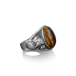 The good shepherd jesus tigers eye signet ring for men, 925 sterling silver christian jewelry, religious signet ring, Brown stone jesus ring