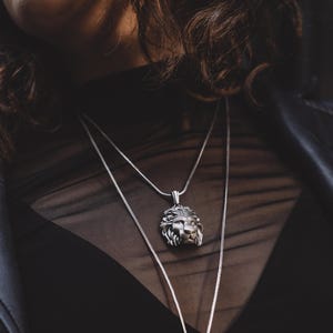 Lion pendant with engraved fleur de lis, 925 silver lion necklace for men, Futuristic necklace for leo birthday gift