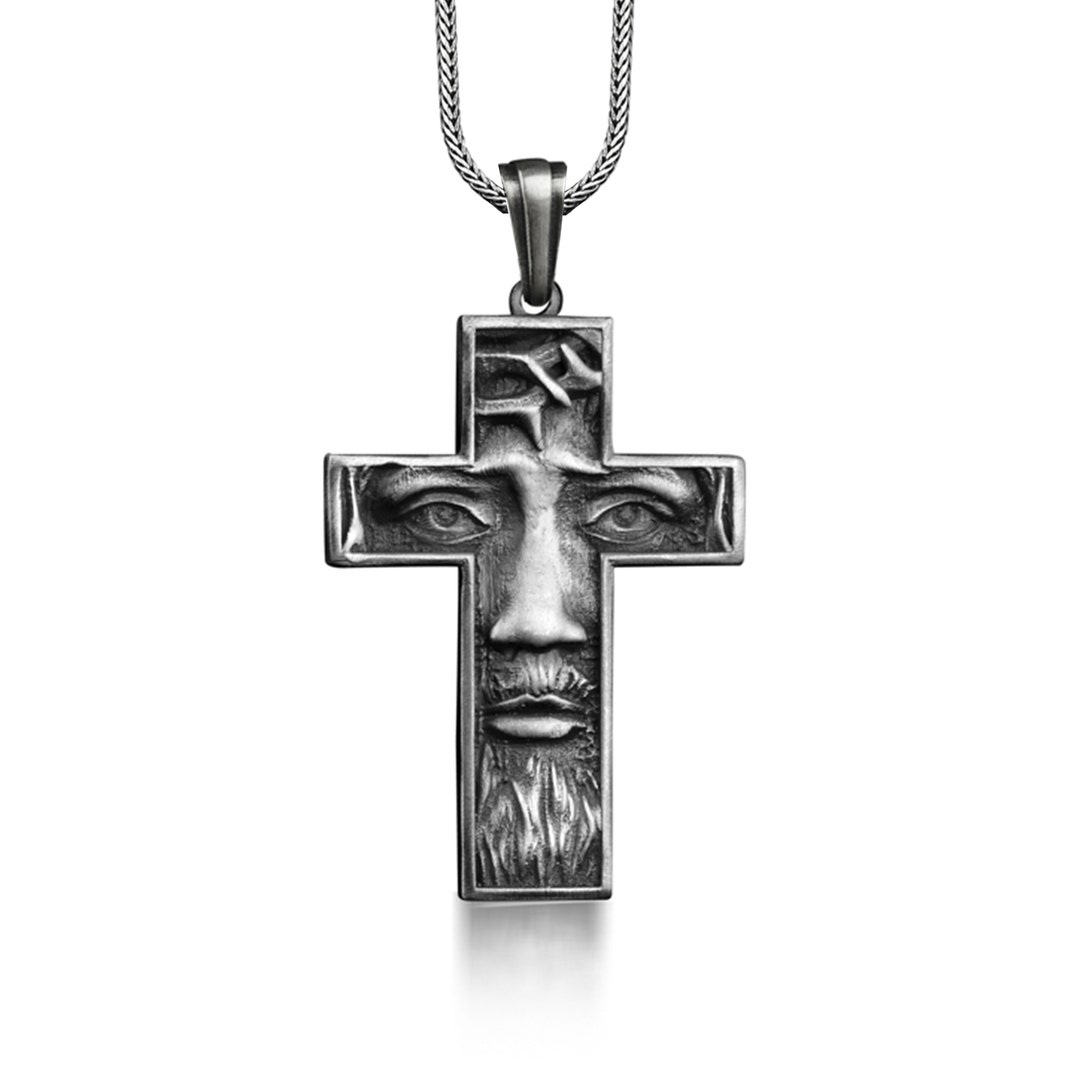 Engraved Jesus in Cross Necklace, Unique Mens Faith Necklace in