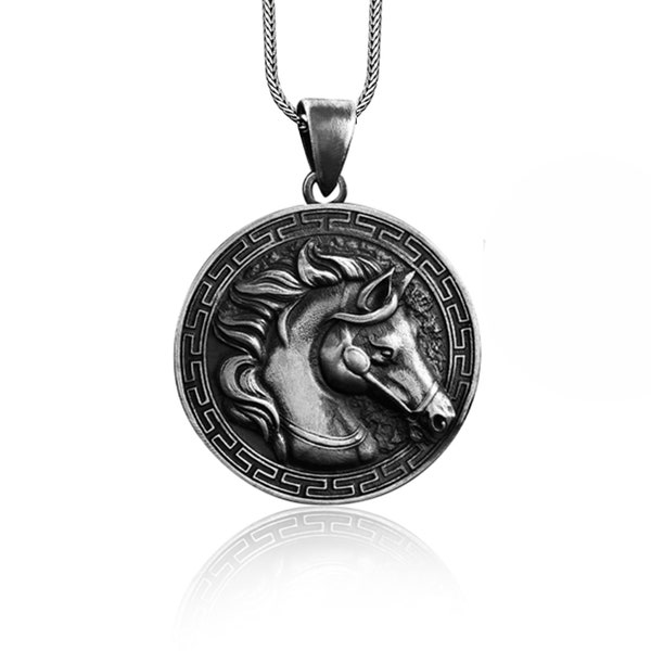Collar de caballo de plata de ley hecho a mano, colgante de encanto de caballo gorgona griega, collar de hombre de caballo oxidado, joyería de regalo de animales, regalo para hombres