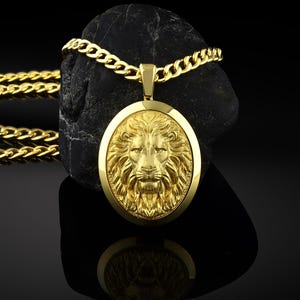 男性用 21k ゴールド ライオン ペンダント ネックレス、精巧なライオン メダリオン ジュエリー、14k ゴールド ライオン ネックレス ギフト、ユニークなメンズ ライオン ヘッド ジュエリー ネックレス