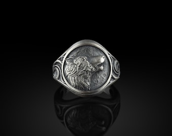 Howling Fenrir Wolf Signet Ring For Men in Sterling Silver, Handmade Wolf Biker Men Ring, Wolf Jewelry, Jewelry Ring For Men, Husband Gift