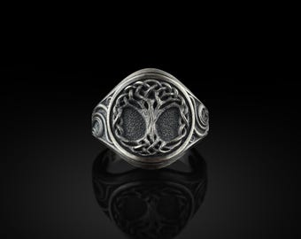 Handmade Family Tree Sterling Silver Ring, Viking Yggdrasill Boho Men Ring, Tree Life Signet 925 Silver Men Ring, Scandinavian Men Jewelry