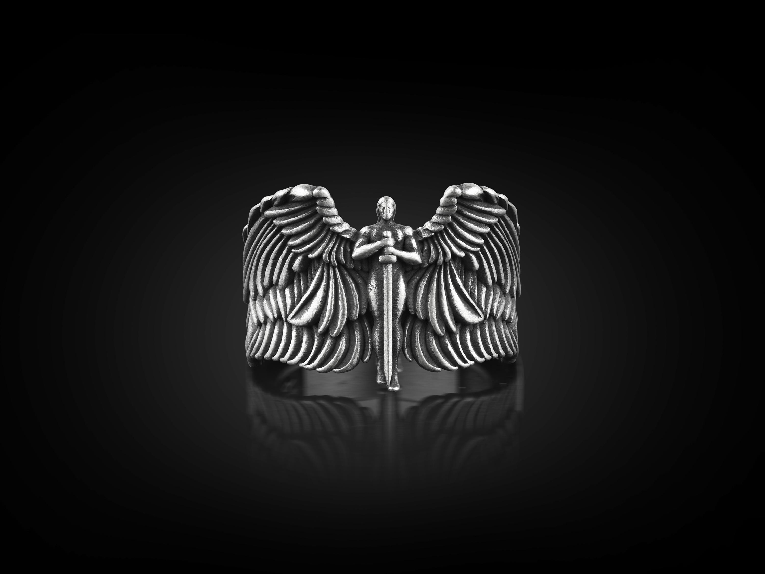 Archangel Michael Extraordinary Ring, St Michael with Wing Christian Ring in Oxidized Silver, Saint Michael Faith Ring, Religious Gift Ring