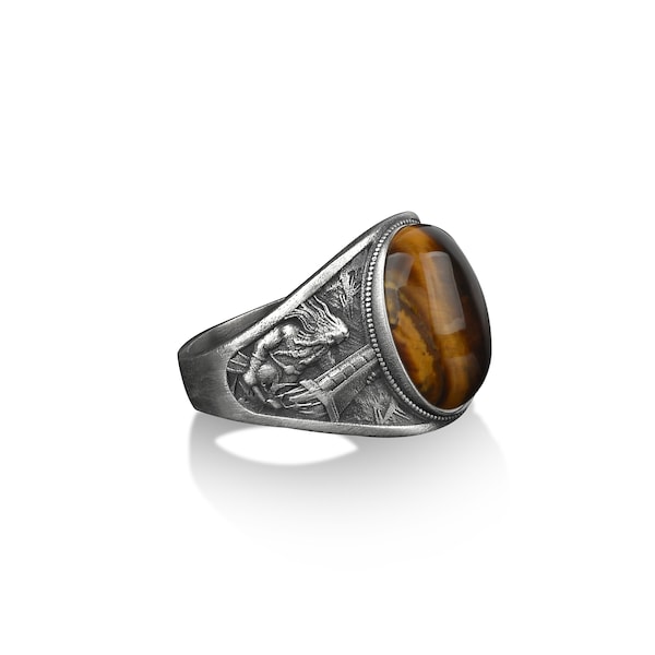 Thor the god of thunder tiger's eye silver men ring, Oval gemstone signet ring, Norse mythology man ring, Sterling silver mens viking rings