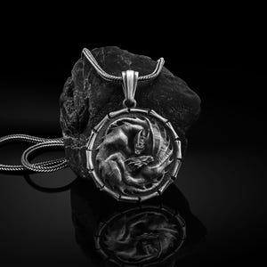 Round Dragon Necklace, Silver Men Dragon Pendant, Mythical Fantasy Necklace, Winged Dragon Pendant, Silver Chain Dragon Pendant, Men Jewelry