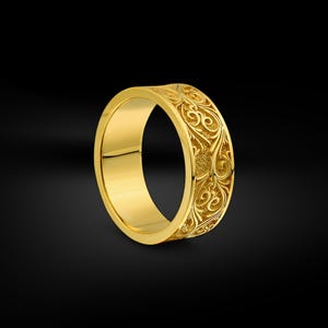 Flying leaves in wind 14K solid gold men wedding band, Unique Japanese motifs engraved 14k gold mens ring, 18k gold wedding men ring jewelry