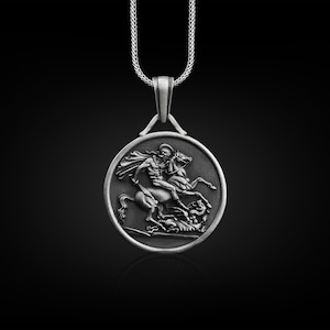Saint george and the dragon silver men necklace, Oxidized silver christian gift jewelry, Engraved christian necklace, Personalized silver