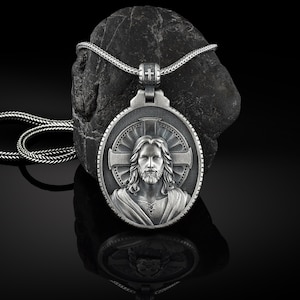 Silver Christian Jesus Mens Necklace, Christ Jesus Pendant, Religious Silver Man Pendant, Solid Silver Jesus Medallion, Catholic Men Pendant