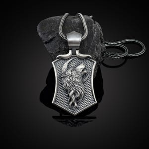 Silver Wolf Head Necklace, Howling Wolf Silver Men Necklace, Oxidized Moon Wolf Pendant With Chain, Silver Men Shield Necklace, Husband Gift