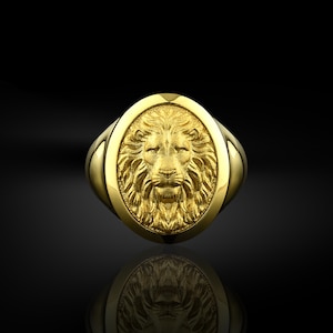 18k gold lion men signet ring, Luxury gold wedding men gift rings, Gold african lion ring, 10k gold oval lion head ring, Anniversary Gift