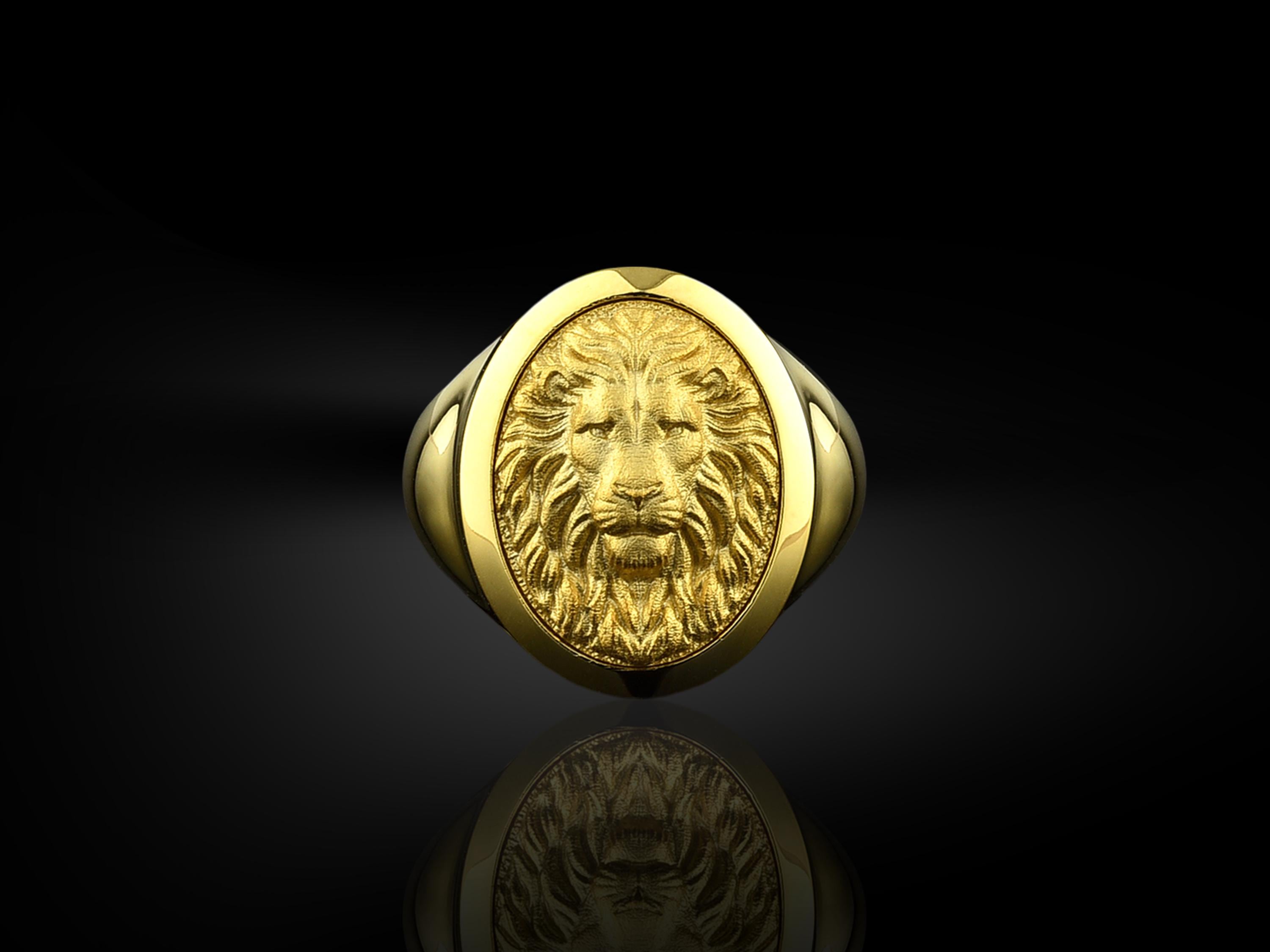 18k gold lion men signet ring, Luxury gold wedding men gift rings, Gold african lion ring, 10k gold oval lion head ring, Anniversary Gift