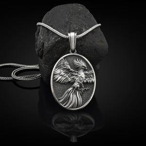 Winged Phoenix Handmade Sterling Silver Men Charm Necklace, Ancient Greek Mythology Phoenix Jewelry, Mythical Bird Pendant, Animal Necklace