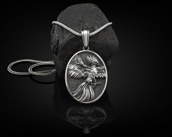 Winged Phoenix Handmade Sterling Silver Men Charm Necklace, Ancient Greek Mythology Phoenix Jewelry, Mythical Bird Pendant, Animal Necklace