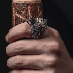 Scandinavian Bear Handmade Sterling Silver Men Biker Ring, Nordic Bear Animal Ring, Grizzly Bear Silver Men Punk Mens Jewelry, Ring For Men
