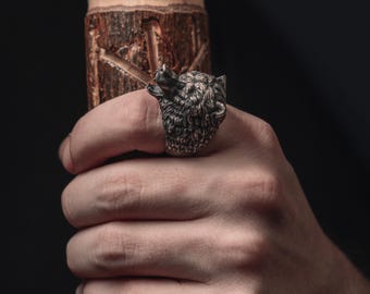 Scandinavian Bear Handmade Sterling Silver Men Biker Ring, Nordic Bear Animal Ring, Grizzly Bear Silver Men Punk Mens Jewelry, Ring For Men