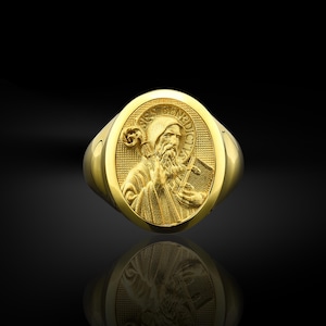 St benedict of nursia 14k gold signet ring for men, Saint benedict mens signet ring in 18k gold, Faith ring for husband, Gold boyfriend gift