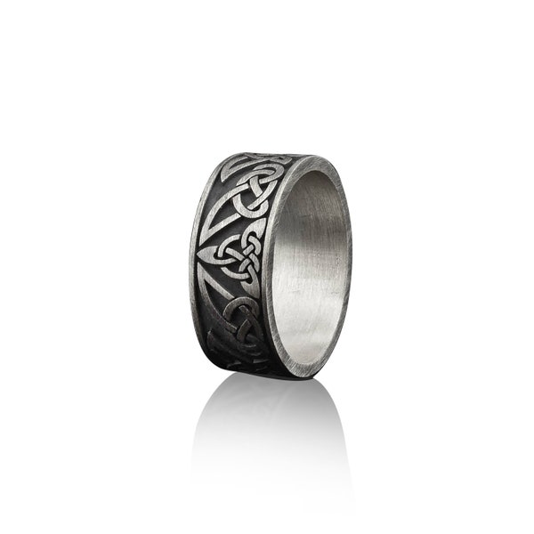 Valknut Handmade Sterling Silver Men Band Ring, Viking Knot Wedding Men Ring, Norse Mythology Compass Wedding Men Band, Statement Band Ring