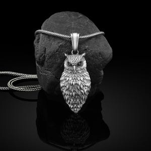 Handmade Owl Necklace For Mens in Sterling Silver , Owl Animal Bird Jewelry, Mens Owl Charm, Owl Silver Gift, Animal Necklace, Memorial Gift