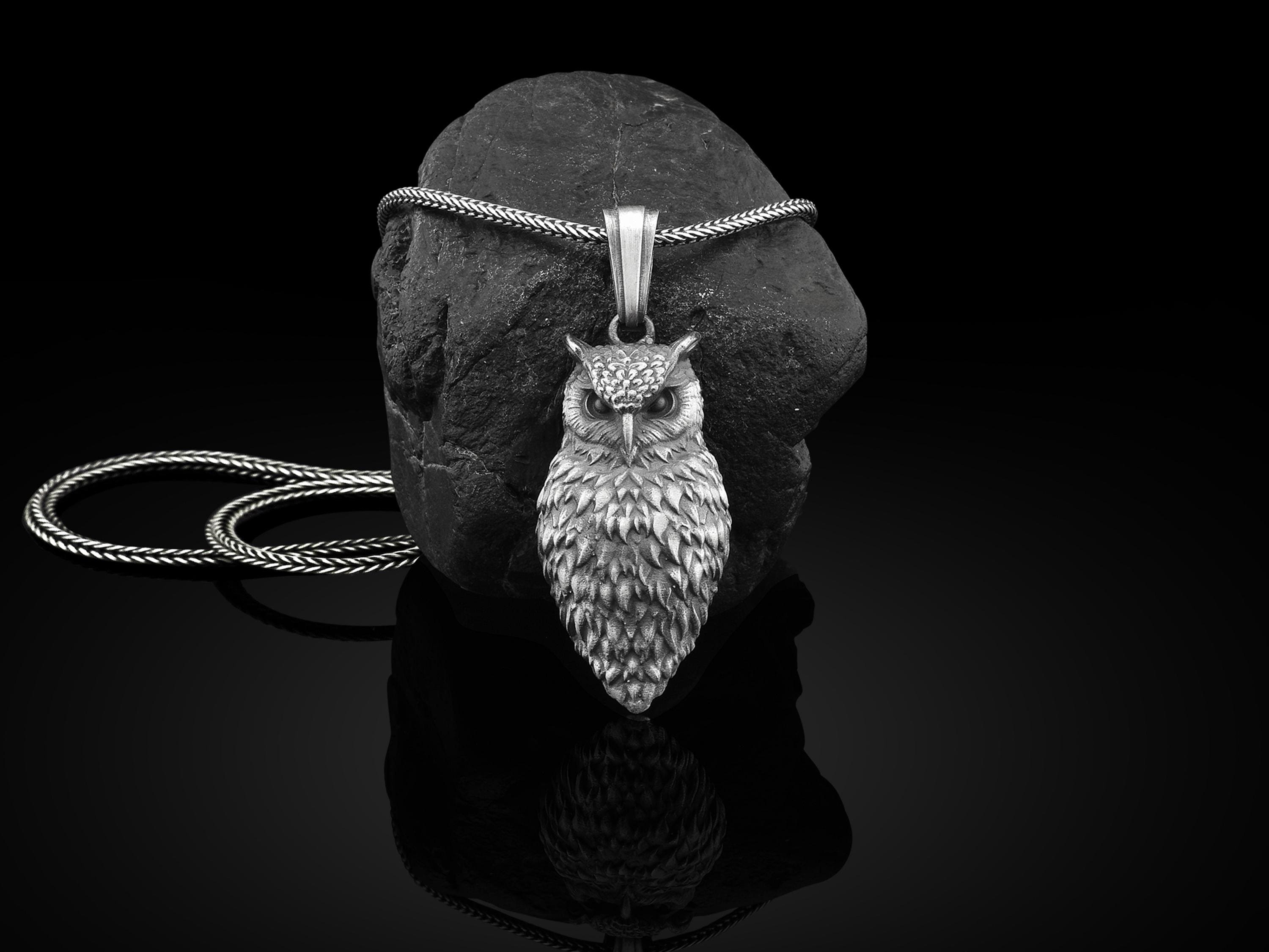 Handmade Owl Necklace For Mens in Sterling Silver , Owl Animal Bird Jewelry, Mens Owl Charm, Owl Sil