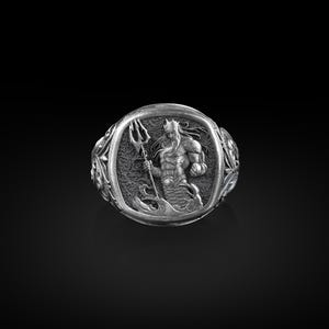 Poseidon with Trident Square Signet Ring, Ancient Greek God of The Sea, Sterling Silver Mens Rings, Pinky Rings for Women, Chunky Biker Ring