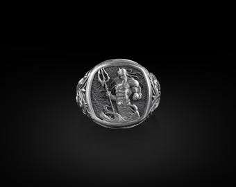 Chevalière carrée Poséidon avec trident, dieu grec de la mer, bagues pour homme en argent sterling, auriculaires pour femme, grosse bague de motard