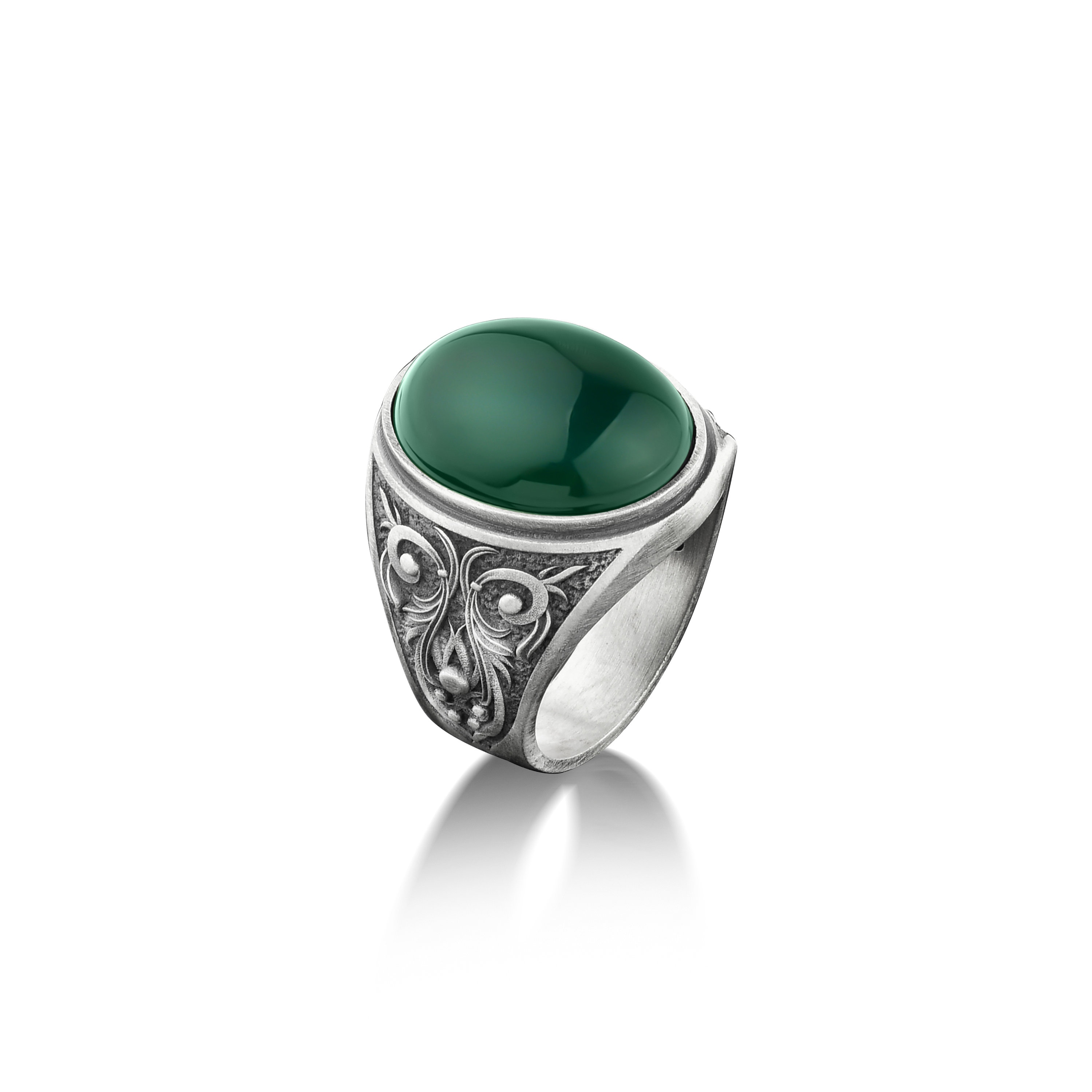 Sterling silver green agate men ring with engraved victorian motifs, Handmade vintage green jade ring for men, Gemstone men jewelry ring