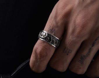 Dragon vs Koi Carp Fish Silver Band Personalized Men's Ring, Unique Japanese Traditional Pattern Jewelry Gift