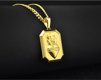 14k gold sacred heart necklace for christian, Sacred heart personalized pendant with custom name, Religious men medallion, Gold family gifts