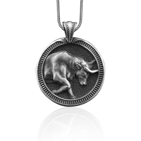 Taurus Handmade Sterling Silver Men Charm Necklace, Taurus Zodiac Sign Jewelry, Astrology Pendant, Taurus Birthday Gift, Horoscope Necklace