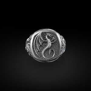 Winged Dragon, Sterling Silver Square Signet Ring, Mythical Creature, Mens Rings, Pinky Rings for Women, For Mythology Enthusiasts