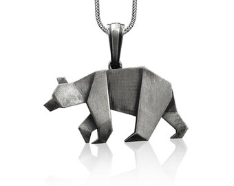 Grizzly Bear Silver Animal Necklace, Sterling Silver Origami Necklace, Bear Jewelry, Nature Necklace, Family Necklace, Remembrance Gift